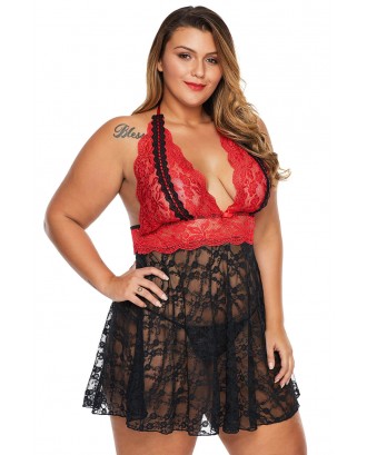 Red Sexy Lace Backless Halter Plus Size Babydoll