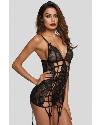 Two Piece Caged Lace Garter Chemise & G-String Set