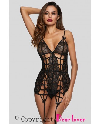 Two Piece Caged Lace Garter Chemise & G-String Set