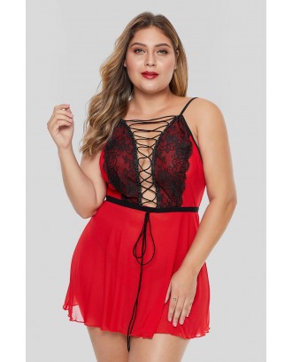 Red Lace-up Plus Size Babydoll