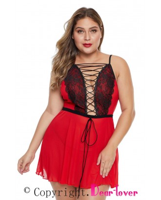 Red Lace-up Plus Size Babydoll