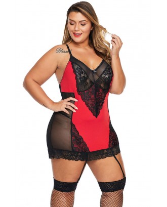 Red Garter Attached Lace Hybrid Mesh Plus Size Chemise