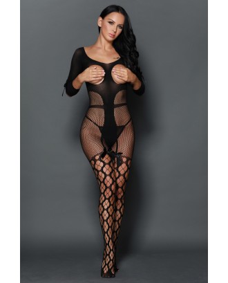 Sexy Open Cup Fishnet Off-shoulder Bodystocking with Bow