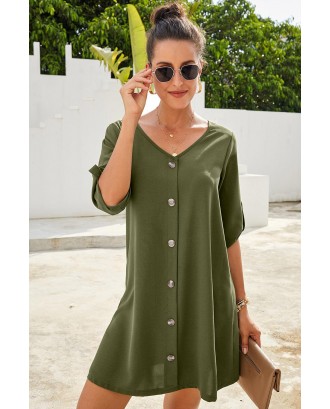 Green V Neck Button Front Roll up Tab Sleeve Dress