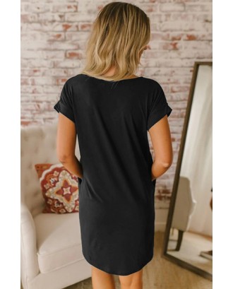 Black V Neck Cuffed T-shirt Dress
