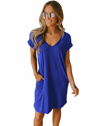 Blue V Neck Cuffed T-shirt Dress
