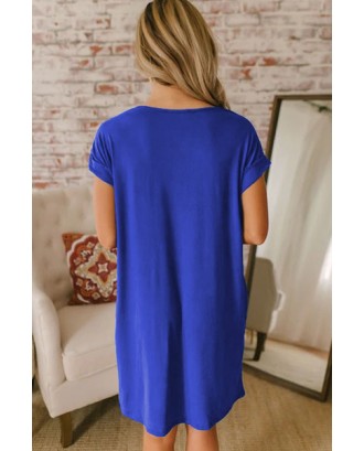 Blue V Neck Cuffed T-shirt Dress