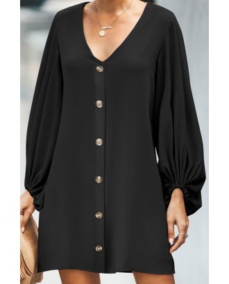 Black Buttoned-down V Neck Billowy Sleeve Shift Dress
