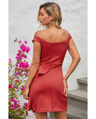 Red Embroidered Off Shoulder Neck Cascading Mini Dress