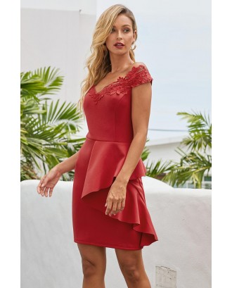 Red Embroidered Off Shoulder Neck Cascading Mini Dress