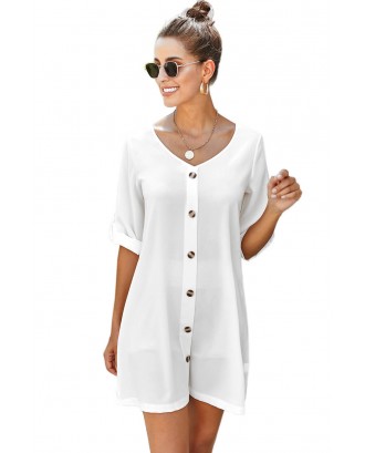 White V Neck Button Front Roll up Tab Sleeve Dress