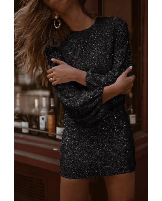 Black Puffy Sleeve Sequin Party Mini Dress