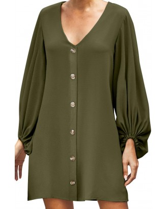 Green Buttoned-down V Neck Billowy Sleeve Shift Dress