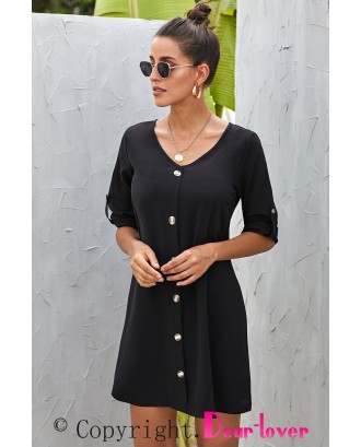 Black V Neck Button Front Roll up Tab Sleeve Dress