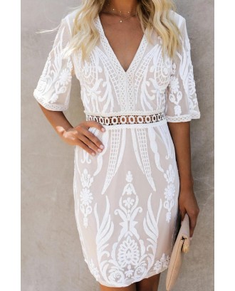 White Embroidered Sequin Mini Dress
