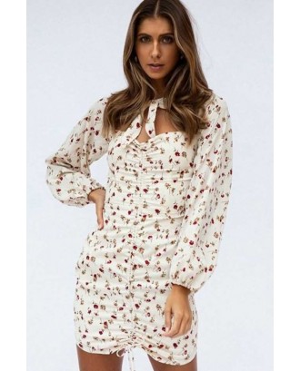 White Floral Print Cutout Ruched Drawstring Casual Dress