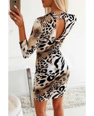Leopard Choker Cutout Long Sleeve Sexy Bodycon Dress