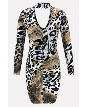 Leopard Choker Cutout Long Sleeve Sexy Bodycon Dress