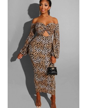 Khaki Leopard Cutout Sweetheart Neck Sexy Bodycon Dress