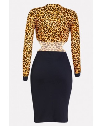 Black Leopard Cutout Long Sleeve Sexy Bodycon Dress