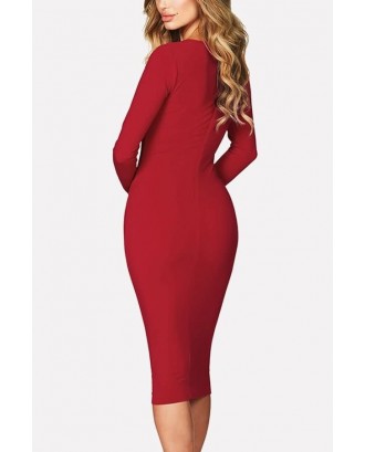 Red Cutout Long Sleeve Portrait Neck Sexy Bodycon Dress