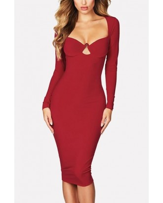 Red Cutout Long Sleeve Portrait Neck Sexy Bodycon Dress