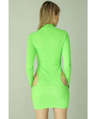 Green Neon Cutout Mock Neck Long Sleeve Sexy Bodycon Mini Dress