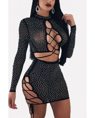 Long Sleeve Hot Drilling Lace Up Caged Sexy Crop Top Mini Skirt Set
