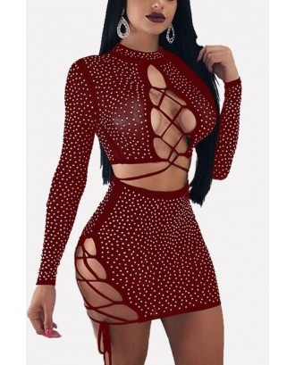 Long Sleeve Hot Drilling Lace Up Caged Sexy Crop Top Mini Skirt Set