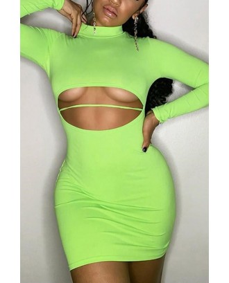 Neon Green Cutout Long Sleeve Mock Neck Sexy Bodycon Dress