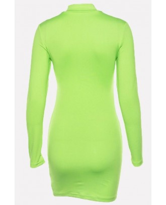 Neon Green Cutout Long Sleeve Mock Neck Sexy Bodycon Dress