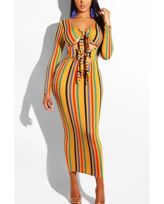 Yellow Color Block Stripe Cutout Knotted Sexy V Neck Bodycon Dress