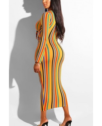 Yellow Color Block Stripe Cutout Knotted Sexy V Neck Bodycon Dress