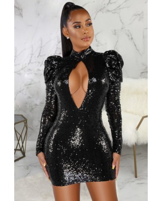 Black Sequin Cutout Mock Neck Long Sleeve Sexy Bodycon Mini Dress