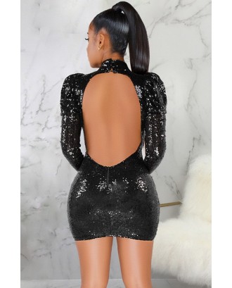 Black Sequin Cutout Mock Neck Long Sleeve Sexy Bodycon Mini Dress