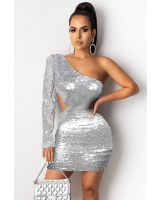 Silver Sequin Cutout One Shoulder Sexy Bodycon Dress
