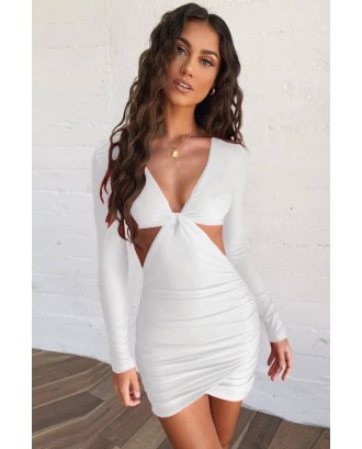 White Twisted Cutout Long Sleeve Sexy Bodycon Mini Dress