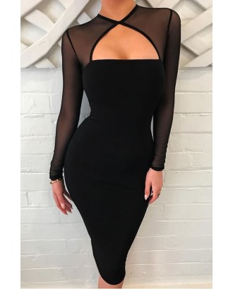 Black Mesh Splicing Cutout Long Sleeve Sexy Bodycon Dress