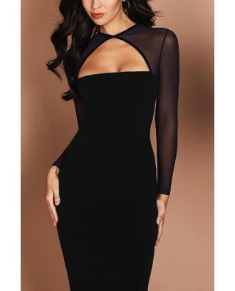 Black Mesh Splicing Cutout Long Sleeve Sexy Bodycon Dress