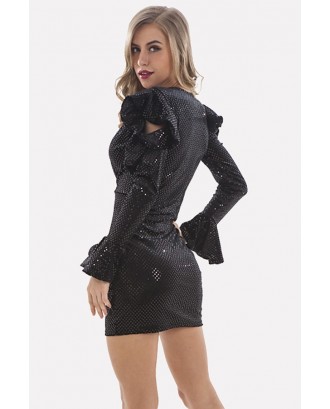 Black Sequin Ruffles Plunging Flounce Sleeve Sexy Bodycon Dress