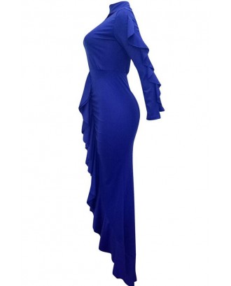 Blue Cutout Ruffles Long Sleeve Sexy Bodycon High Low Party Dress