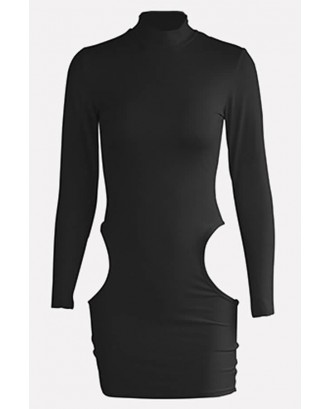 Black Cutout Mock Neck Long Sleeve Sexy Bodycon Mini Dress