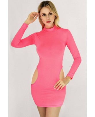 Pink Neon Cutout Mock Neck Long Sleeve Sexy Bodycon Mini Dress