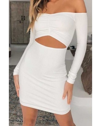 Off Shoulder Ribbed Cutout Long Sleeve Sexy Bodycon Dress