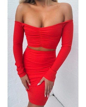 Off Shoulder Ribbed Cutout Long Sleeve Sexy Bodycon Dress