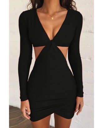 Black Twisted Cutout Long Sleeve Sexy Bodycon Mini Dress