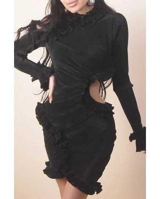 Black Ruffles Cutout Long Sleeve Sexy Bodycon Dress