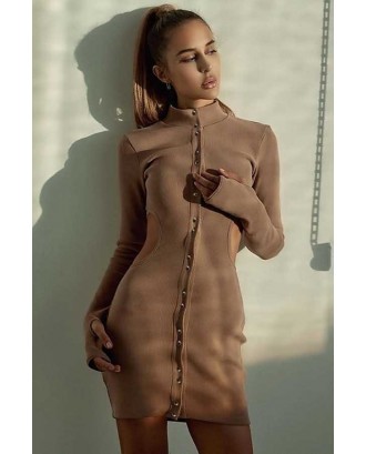 Camel Snap Up Cutout Long Sleeve Sexy Bodycon Mini Dress