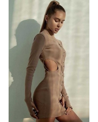 Camel Snap Up Cutout Long Sleeve Sexy Bodycon Mini Dress
