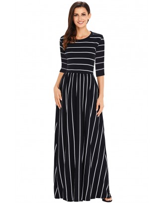 Black White Striped Casual Pocket Style Maxi Dress